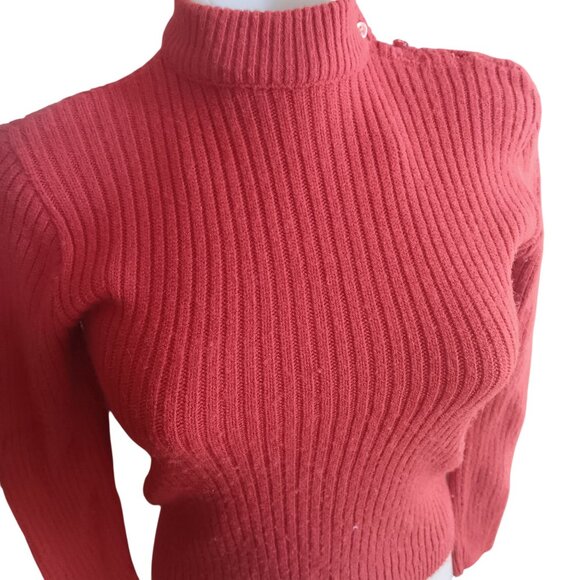 Small Vintage True Boho Red Ribbed Knit Mock Turtleneck Sweater Rust 1970's - Picture 2 of 5
